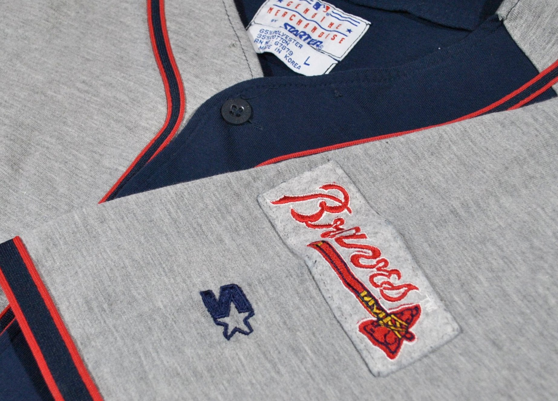 Vintage Logo Athletic Atlanta Braves Gray Baseball Jersey Button Up Mens  Size XL